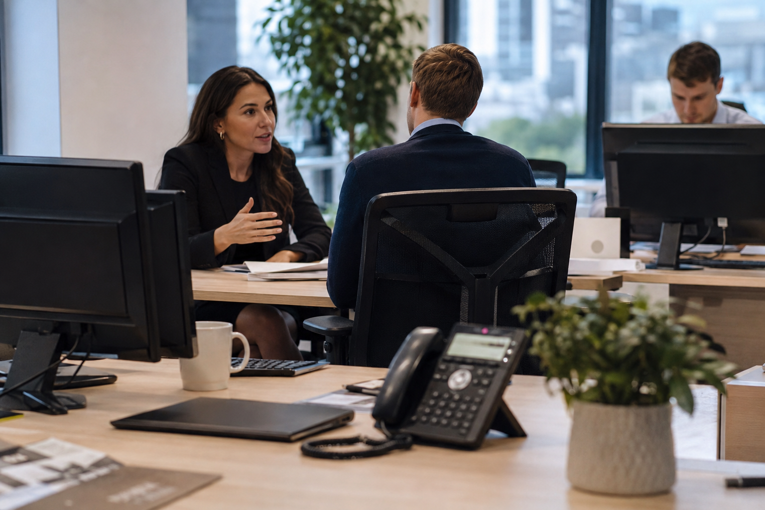 A recruitment consultant engaged in a meeting while a telephone enquiry reaches an unattended desk